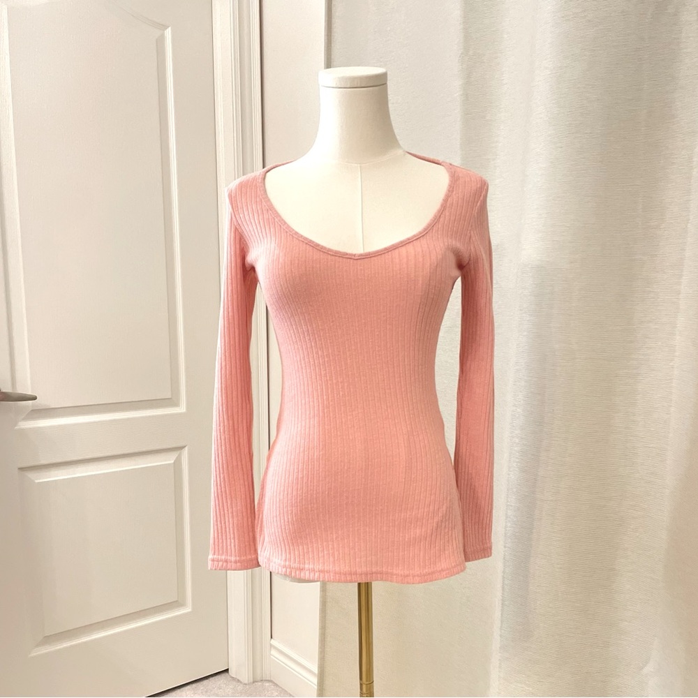 V Neck Fitted Long Sleeve Ribbed Top